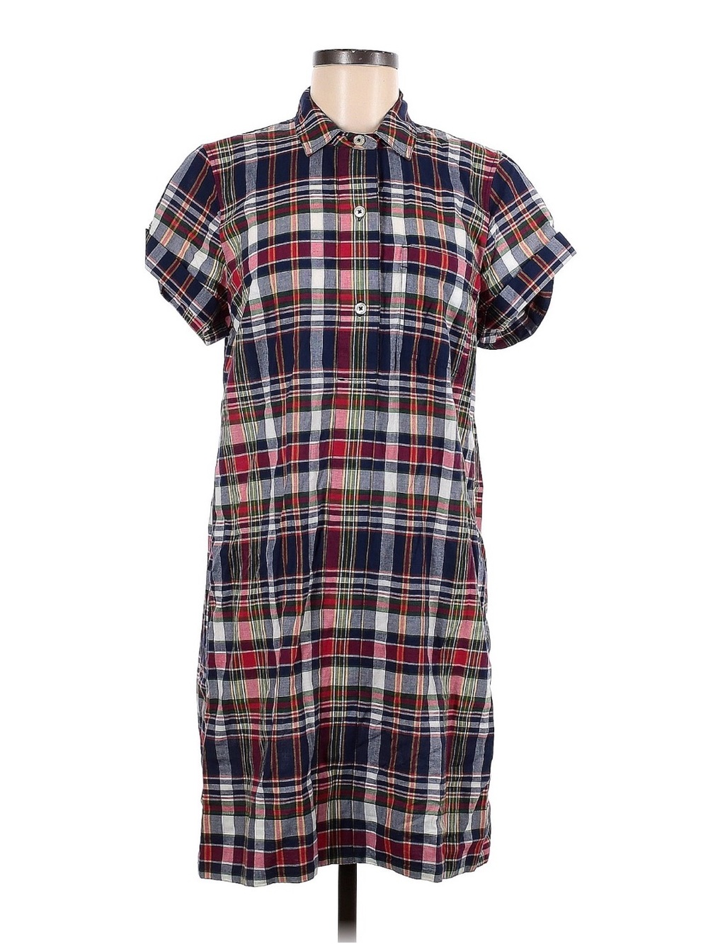 J. Crew Factory Navy & Red Cotton Tartan Plaid Short Sleeve Shirt Dress Medium M